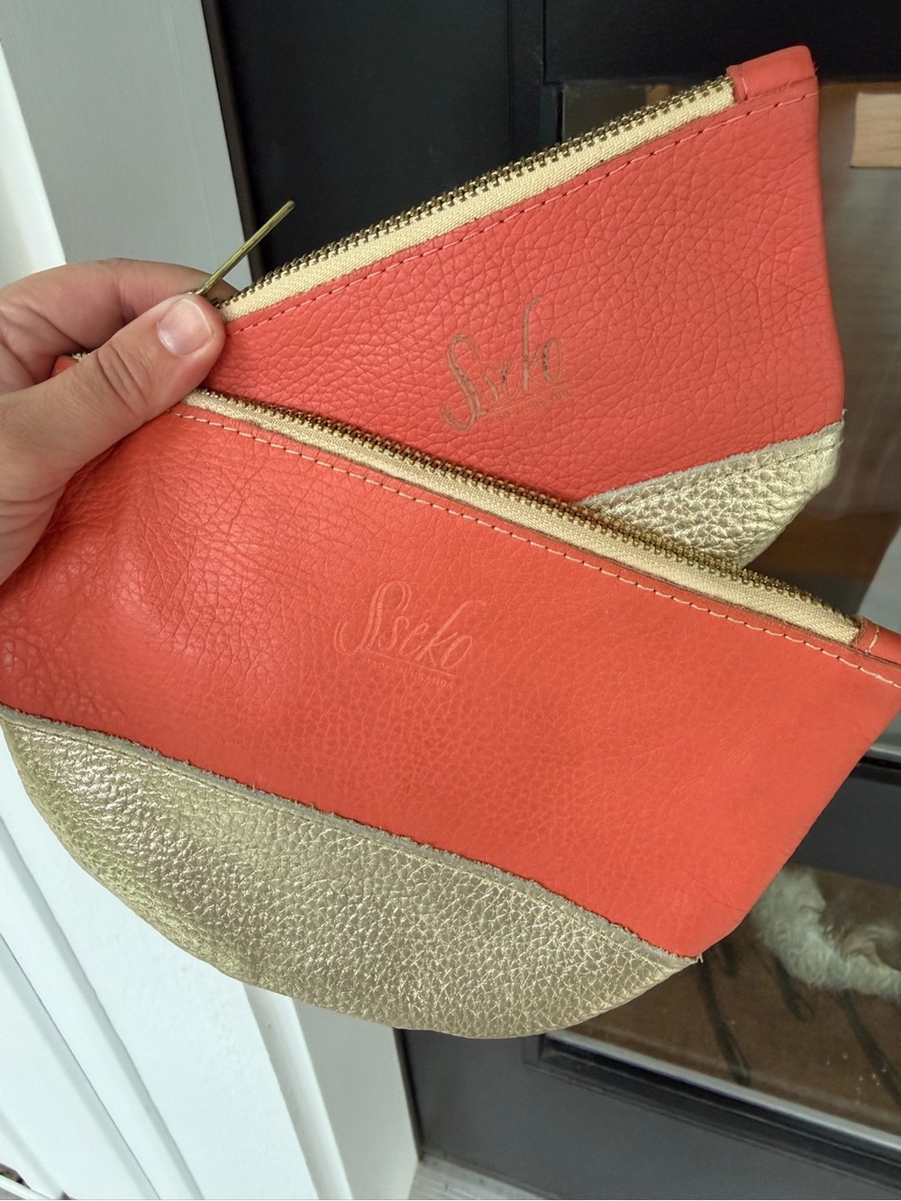 Sseko Coral & Gold Leather Zipper Moon Clutch Set